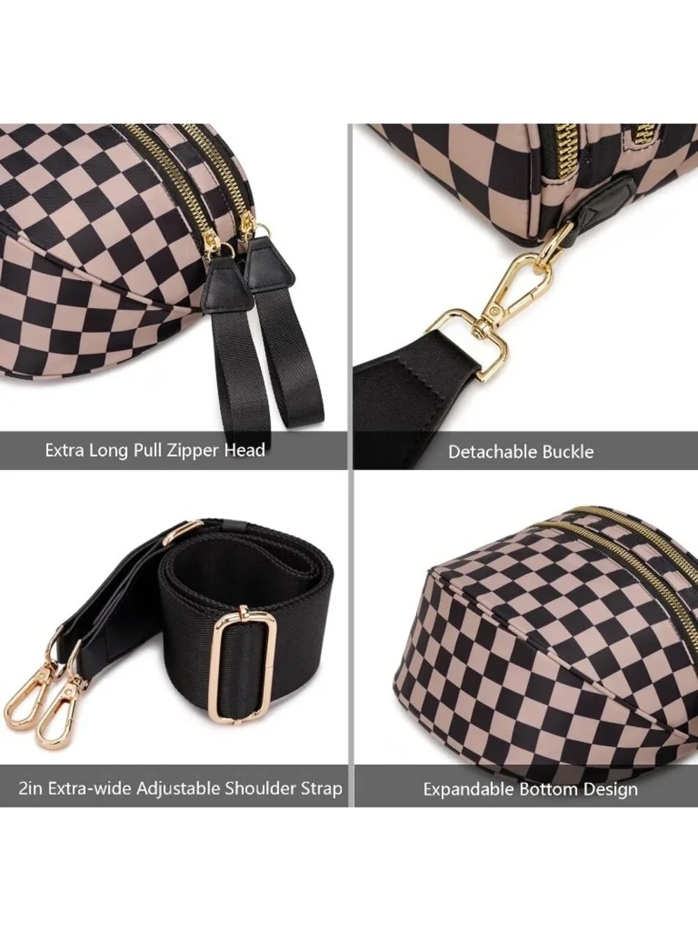 Women's Khaki Spacious Checkered Double-Zipper Compartment Fashion Crossbody Bag - Picture 5 of 6